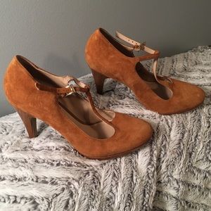 Mustard colored T-strap heels
